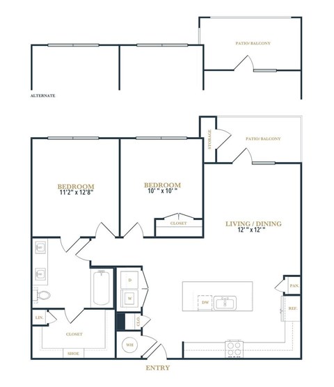 Floor plan for 2 beds, 1 bath, 1031 sqft